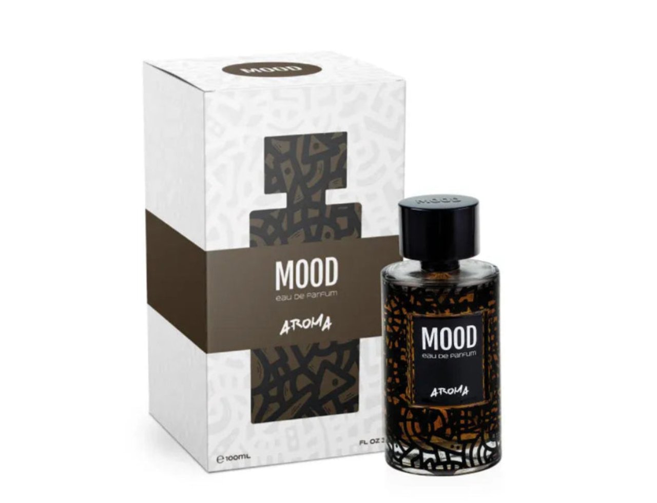 Mood Perfume Aroma Mood 100ml EDP Unisex — A white box with brown abstract patterns stands next to a clear glass perfume bottle with a black cap, showcasing the "MOOD AROMA" label.
