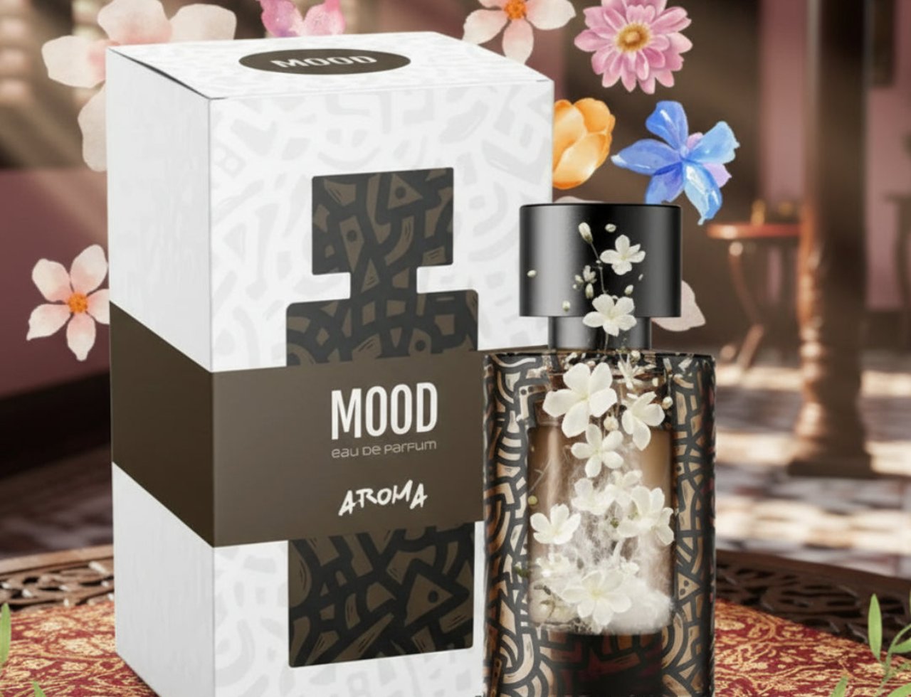 Mood Perfume Aroma Mood 100ml EDP Unisex — Kotak putih dan botol kaca bercorak bunga, dikelilingi bunga terapung dan pencahayaan lembut.