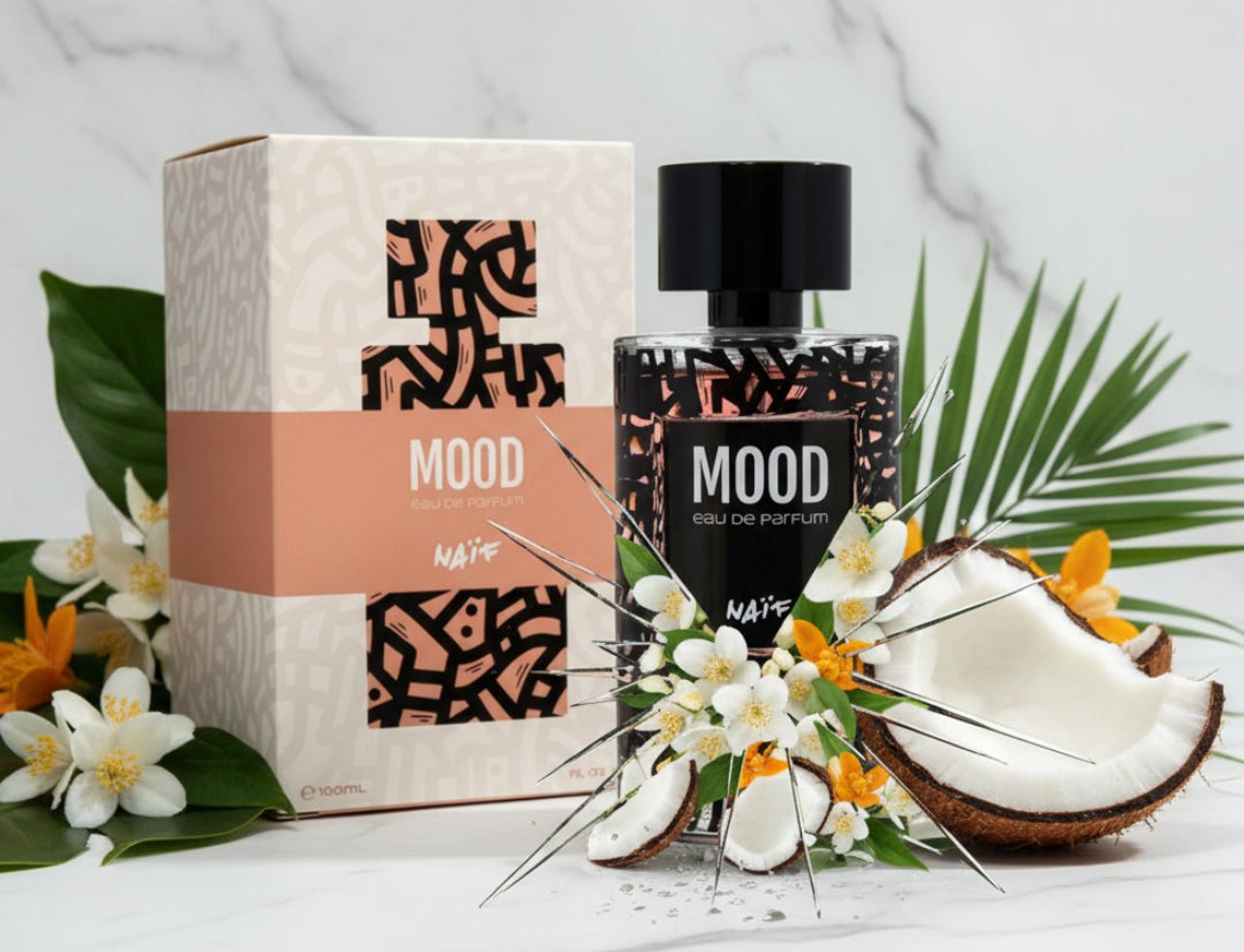 Mood Perfume Mood Naif For Her – 100 ml for Women, featuring the perfume bottle and its box, surrounded by coconut slices, white and orange flowers, and green leaves on a marble background.