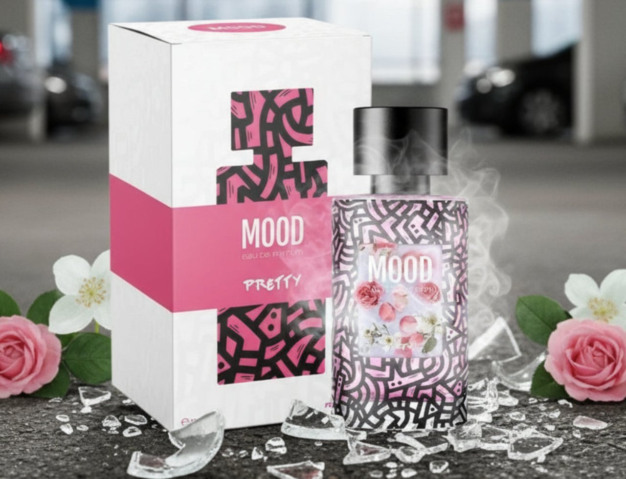 Mood Perfume Mood Pretty For Her 100 ml EDP — Botol dan kotak minyak wangi rekaan abstrak merah jambu dan hitam, dikelilingi kaca pecah, bunga ros, dan bunga putih di kawasan tempat letak kereta.