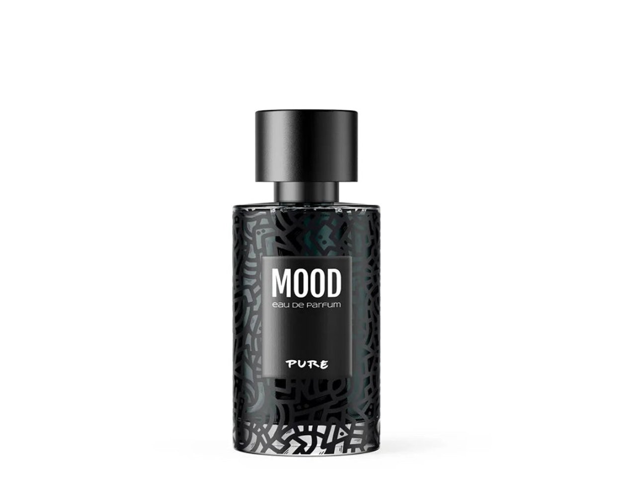 Mood Perfume Mood Pure For Him – 100 ml untuk Lelaki, botol minyak wangi hitam berona corak dengan penutup hitam, di tengah latar putih.