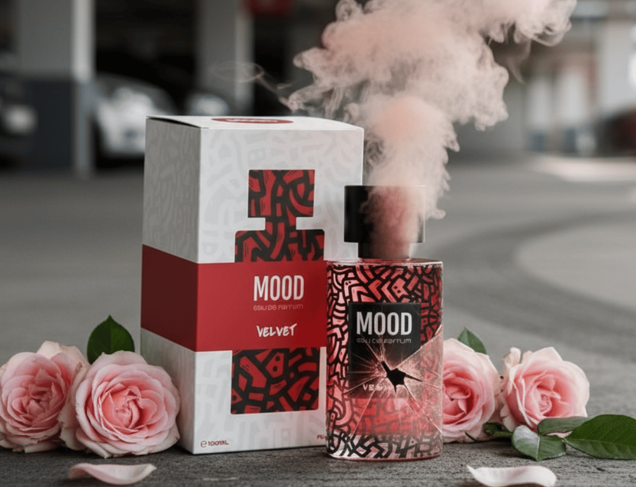 Mood Perfume Mood Velvet For Her 100 ml EDP — Perfume bottle and box with pink roses and pink smoke emanating from the bottle.