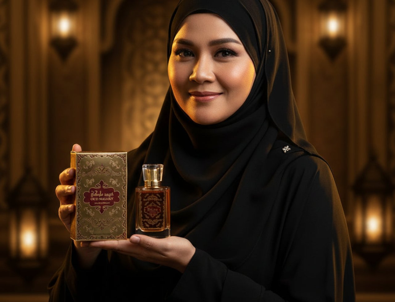 Nafahat Oud Maluky by Nafahat 100ml Unisex — Woman in black hijab holding a gold-embossed box and a glass perfume bottle with gold cap