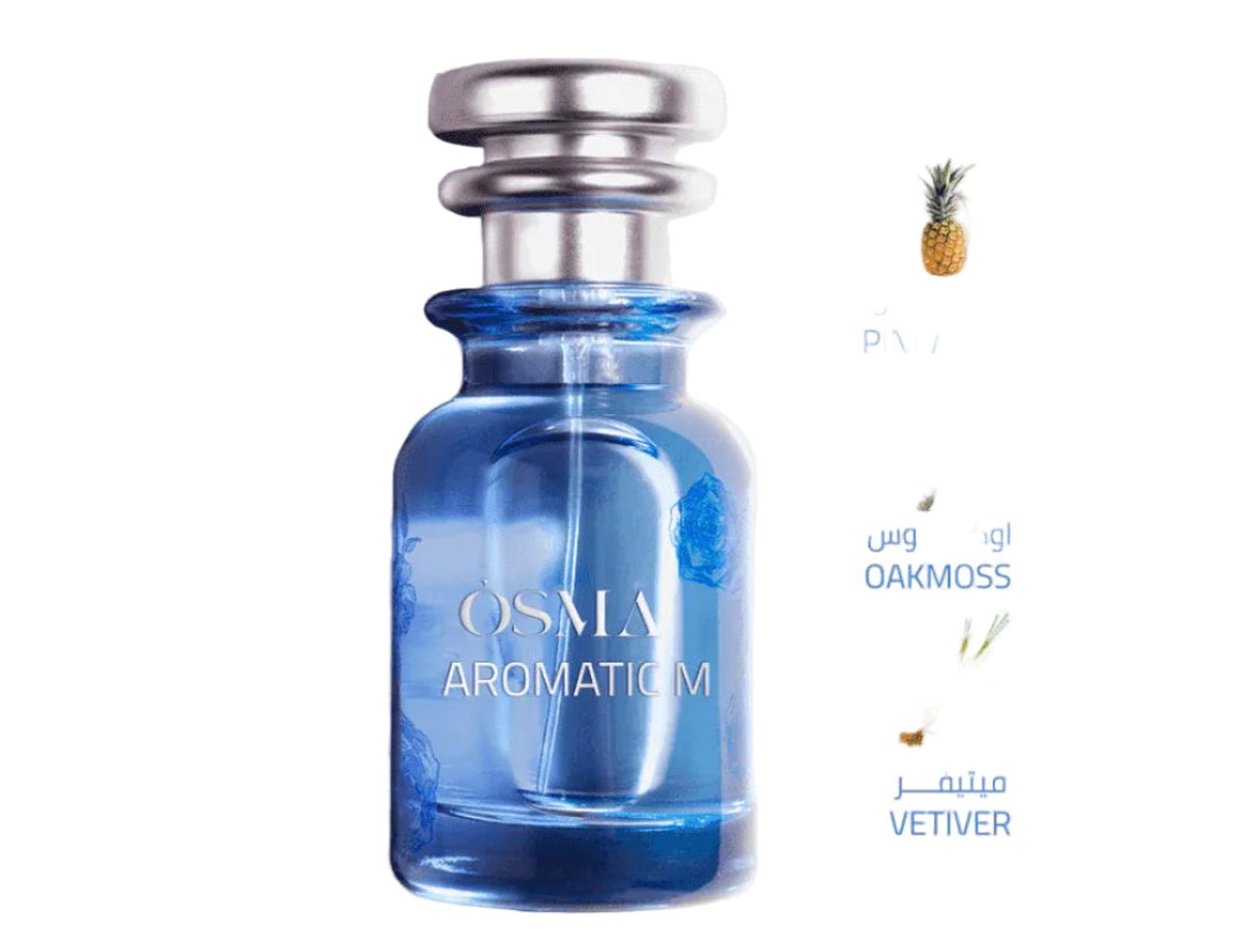 Osma Aromatic M Essence of Nature 75ml — Blue glass perfume bottle with silver cap, featuring floral motifs and text. Includes small icons of pineapple, oakmoss, and vetiver.