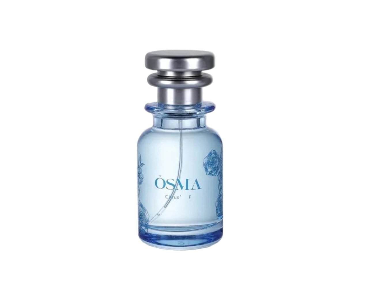 Osma Osma Citrus F 75ml Eau de Parfum — A clear blue glass perfume bottle with a silver cap, featuring blue rose floral motifs and the text 'OSMA Citrus F'.