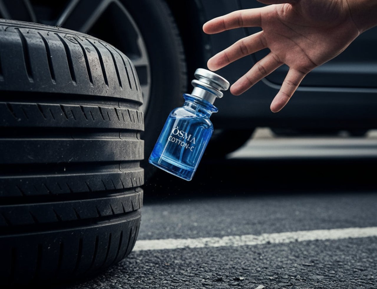 Osma Cotton C Rose & Sandalwood 75ml — Tangan cuba capai botol minyak wangi biru yang terapung di udara sebelah tayar kereta di atas jalan tar.
