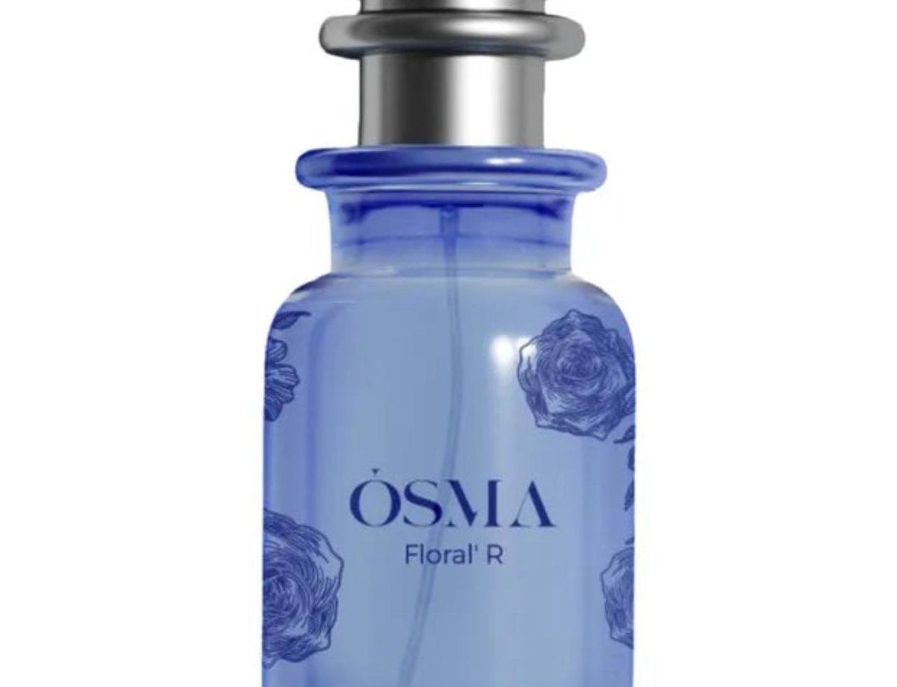 Osma Floral R Luxurious Rose 75ml EDP — Blue glass perfume bottle with silver cap, decorated with blue rose outlines, against a white background.