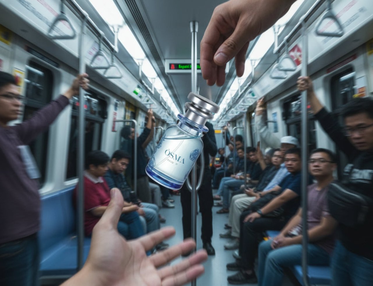 Osma Fruity D Cherry & Oud 75ml EDP — Botol minyak wangi jernih bertutup perak tergantung di udara dalam gerabak tren bergerak, dengan tangan cuba meraihnya.