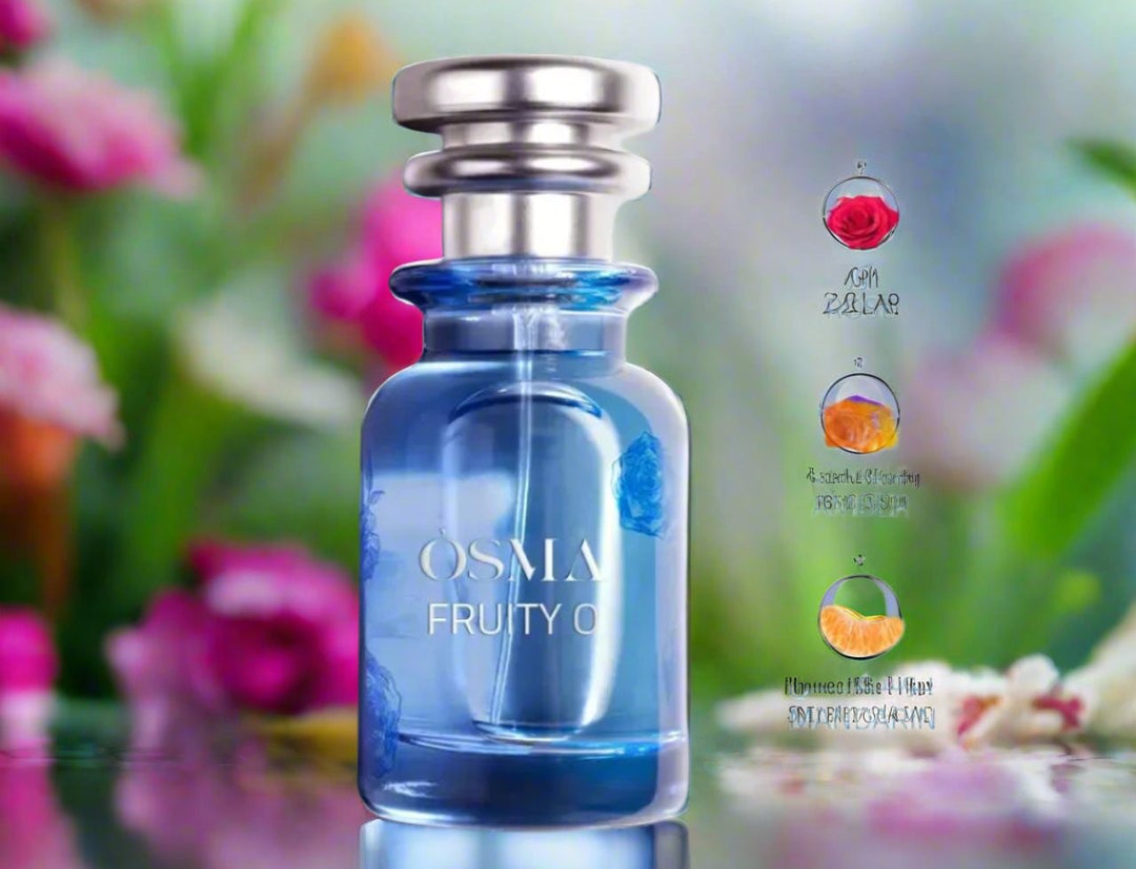 Osma Fruity O Mandarin & Amber 75ml EDP — Botol minyak wangi kaca biru bertudung perak, berlatar belakang bunga yang kabur dengan sisipan bulat kecil menunjukkan mawar, hirisan oren, dan segmented mandarin.