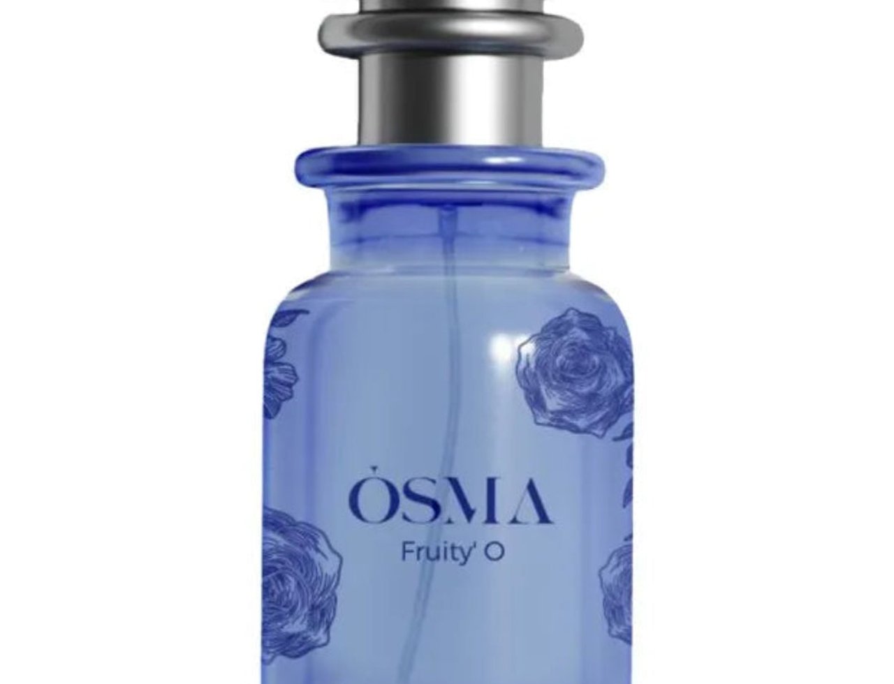 Osma Fruity O Mandarin & Amber 75ml EDP — Blue glass perfume bottle with silver cap, decorated with blue rose outlines.