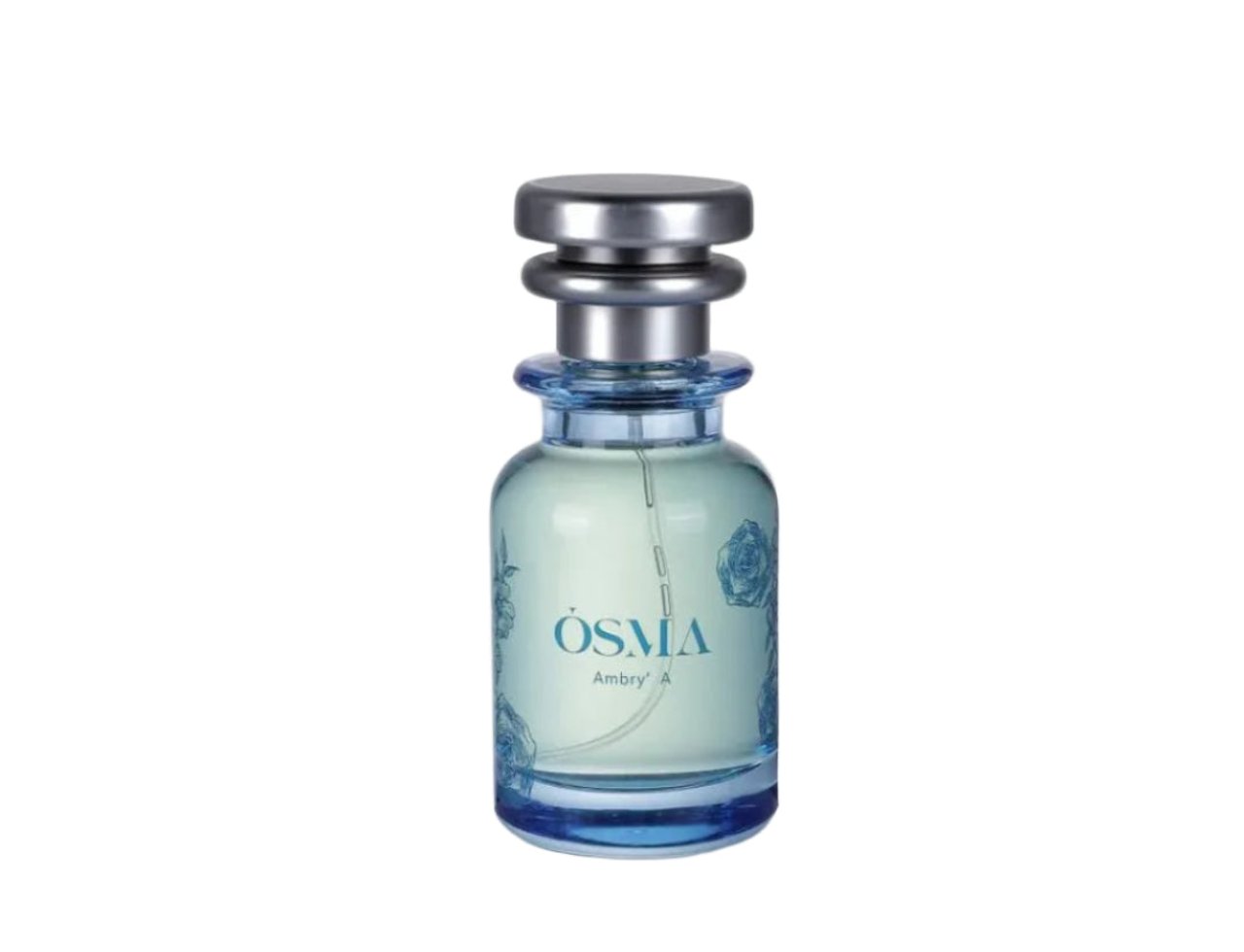 Osma Osma Ambry A Fresh & Fly 75ml EDP — Botol minyak wangi kaca jernih bertutup perak dan berhias bunga biru, berisi cecair hijau muda.