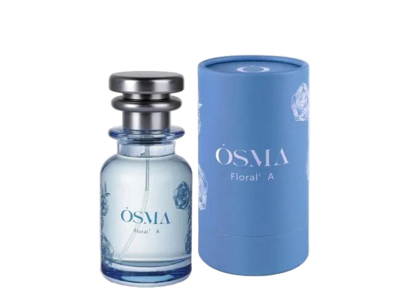 Osma Osma Floral A Ginger Blossom 75ml — Botol minyak wangi kaca jernih bertutup perak dan hiasan bunga biru, bersebelahan kotak silinder biru dengan nama jenama dan rekaan bunga.