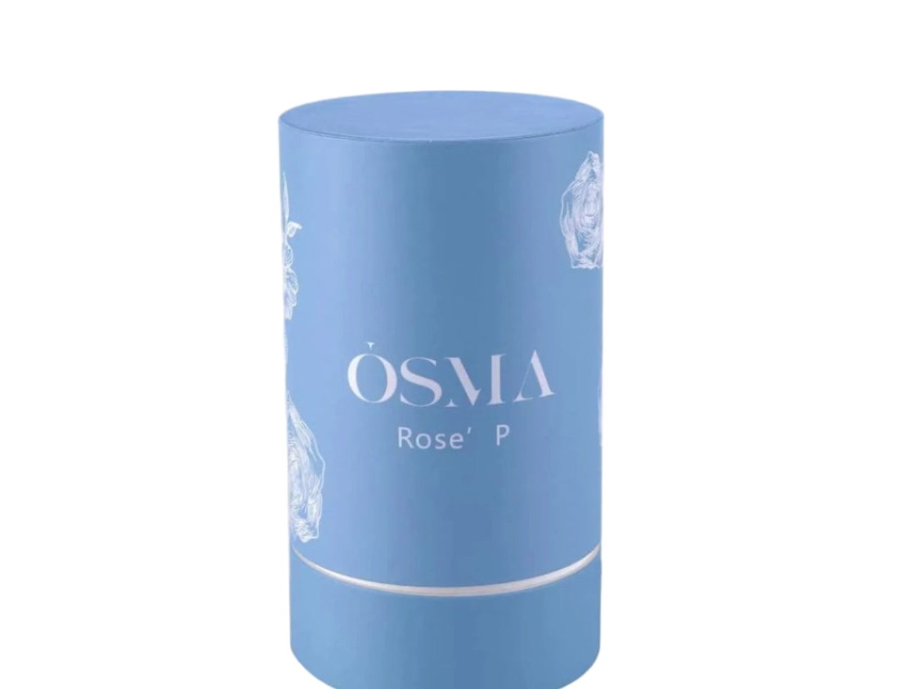 Osma Rose P Berry & Rose 75ml EDP — Light blue cylindrical packaging with white rose motifs and a silver band near the base, featuring the brand name 'OSMA' and 'Rose P' in white text.