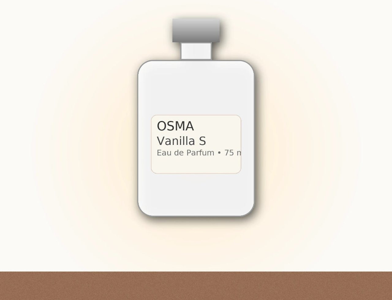 Osma Vanilla S Amber & Musk 75ml EDP — Botol minyak wangi putih dengan label kelabu muda memaparkan 'OSMA Vanilla S Eau de Parfum 75 n' di atas latar belakang gradien lembut.