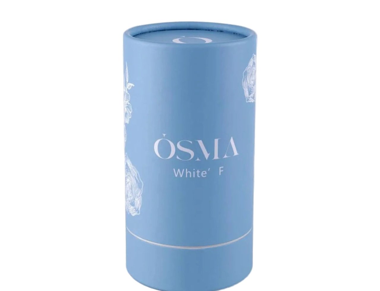 Osma White F Berries & Flowers 75ml EDP — Pembungkusan silinder biru muda dengan ilustrasi bunga putih dan logo jenama.
