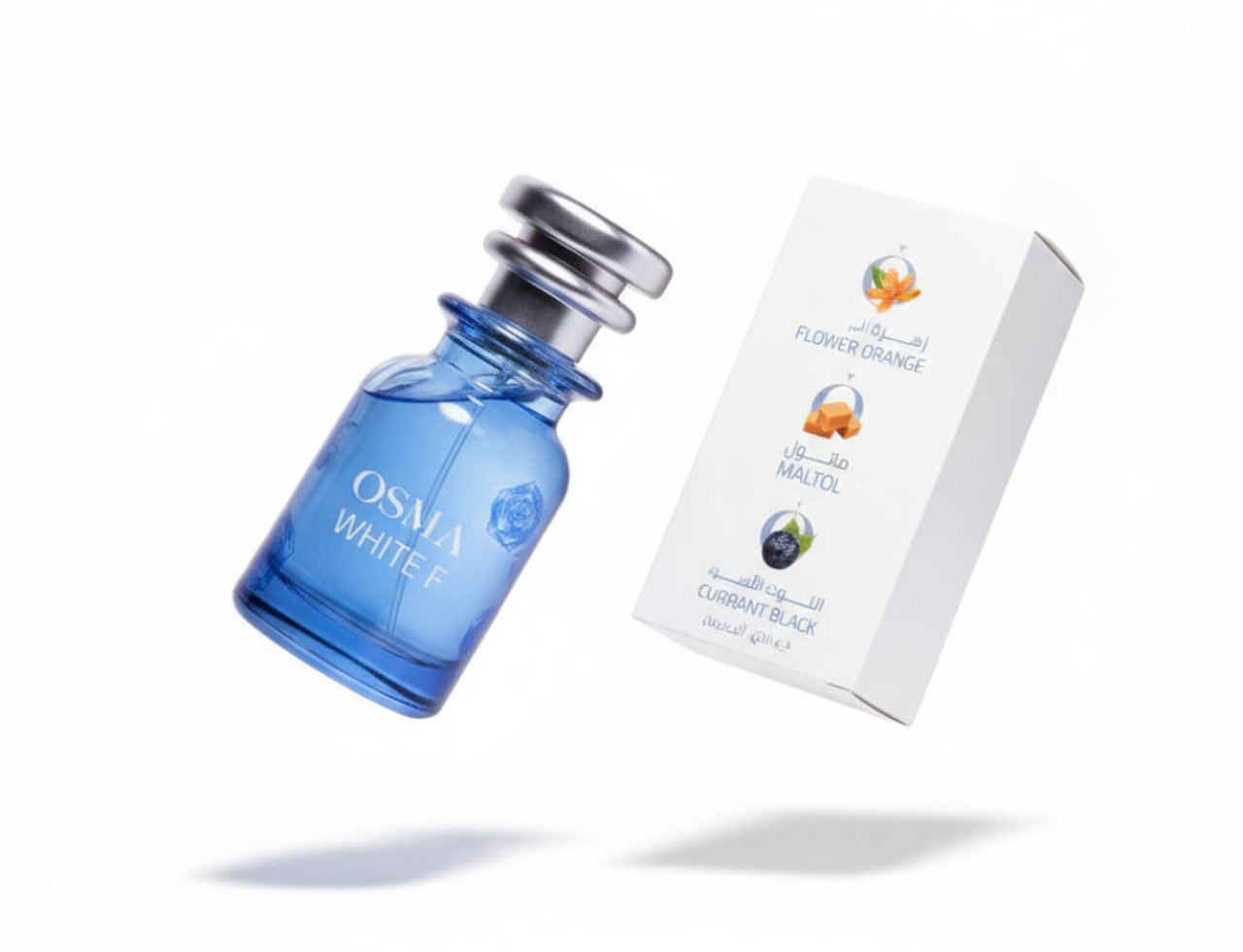 Osma White F Berries & Flowers 75ml EDP — Blue glass perfume bottle with silver cap and a white box showing scent notes of flower orange, maltol, and currant black, isolated on white background.
