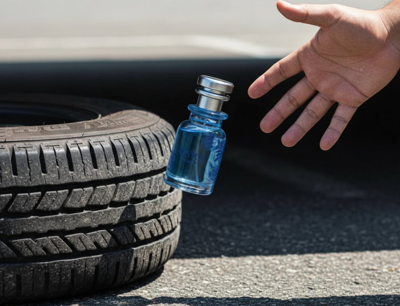 Osma Woody F Pineapple & Leather 75ml EDP — A blue glass perfume bottle levitating in the air next to a car tire, with a hand reaching out towards it.