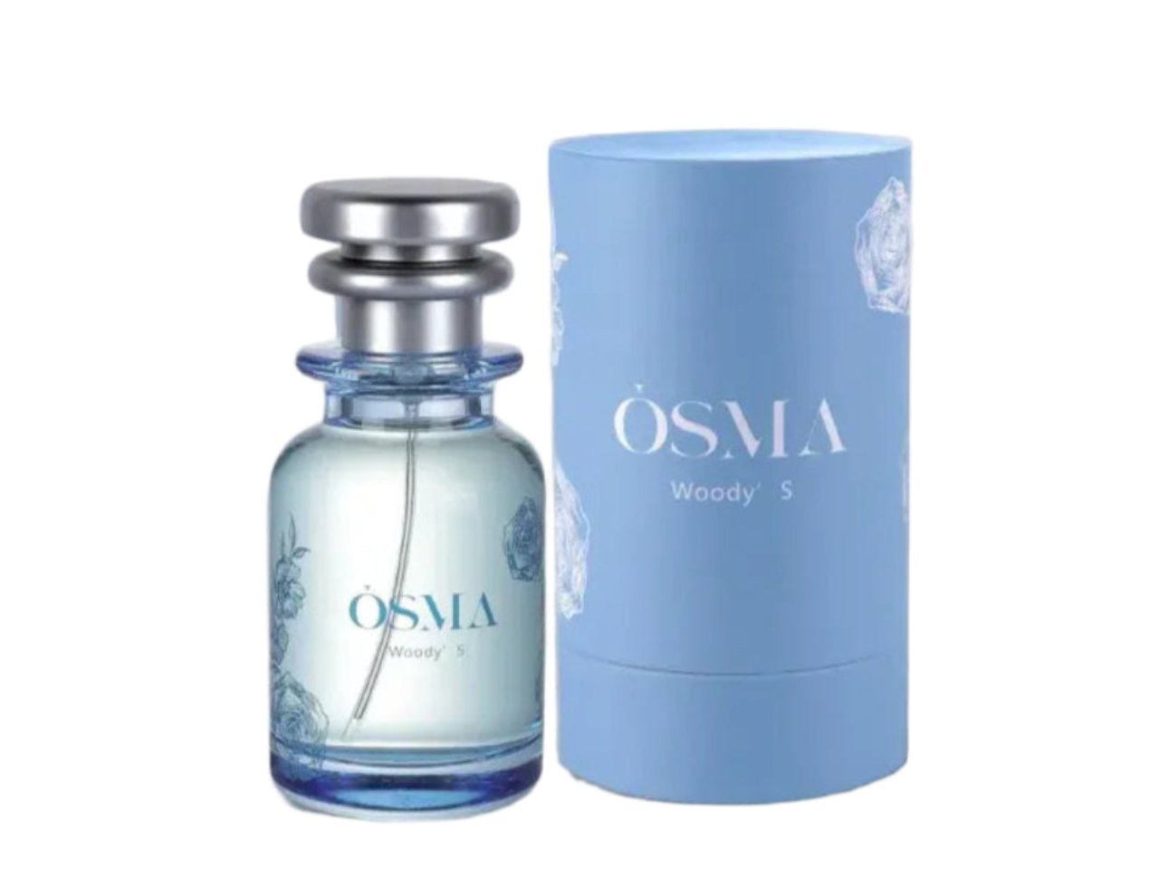 Osma Woody S Mango Leather 75ml EDP — A clear glass perfume bottle with a silver cap and blue floral accents, next to a light blue cylindrical box with the brand name and product details.
