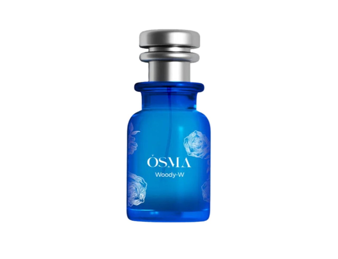 Osma Woody W Bergamot Leather 75ml EDP — Blue glass perfume bottle with silver cap and floral etching, isolated on white background.
