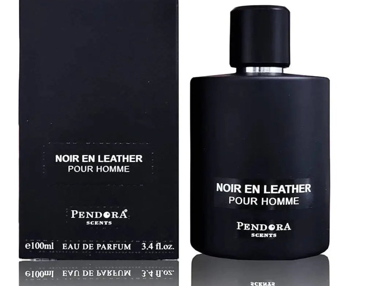 Pendora Noir En Leather Pour Homme — Kotak dan botol minyak wangi hitam dengan tulisan putih, 100ml Eau de Parfum