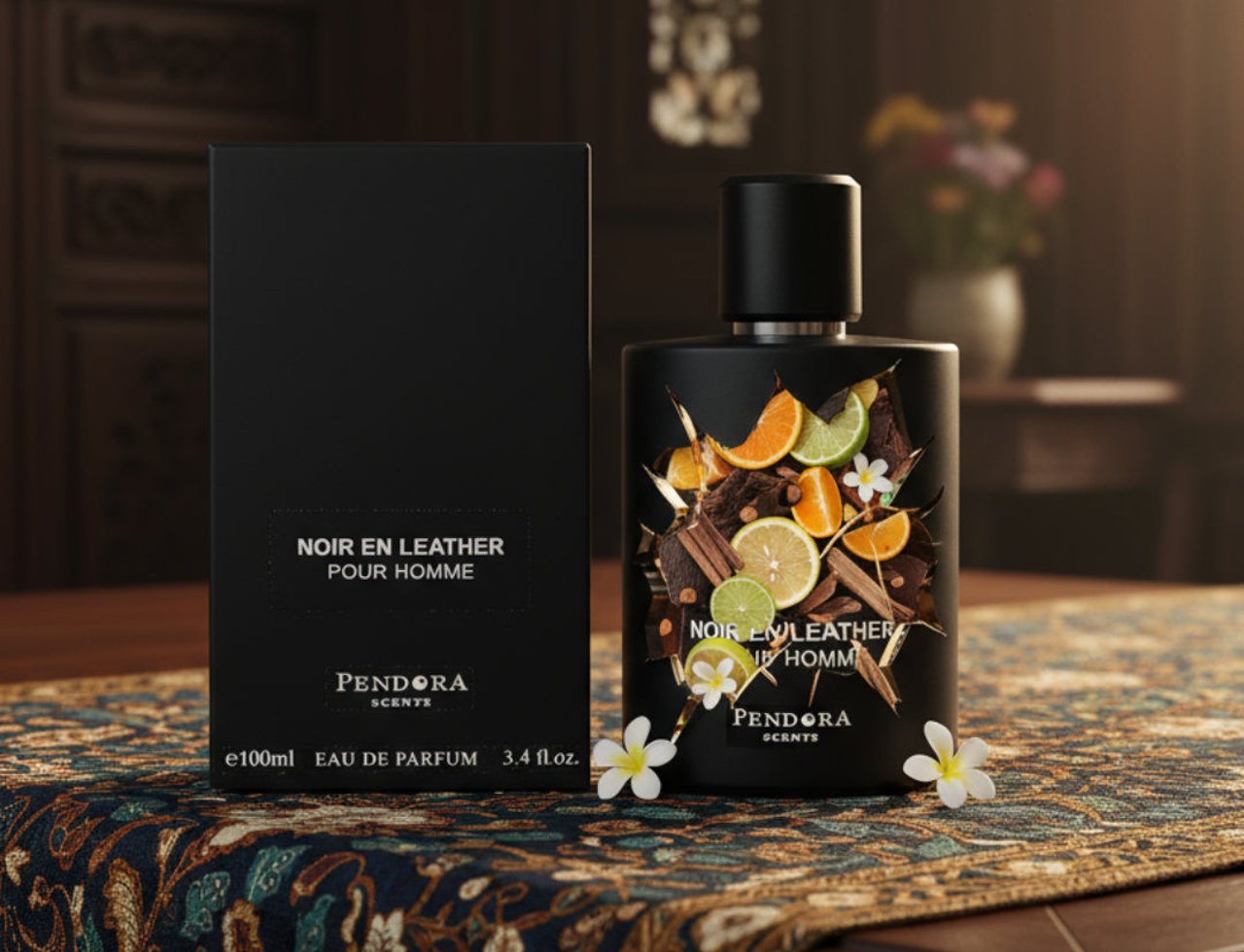 Pendora Noir En Leather by Pendora Scents 100 ml — Black perfume bottle with citrus slices and cinnamon sticks, next to its black box, on a patterned table runner.