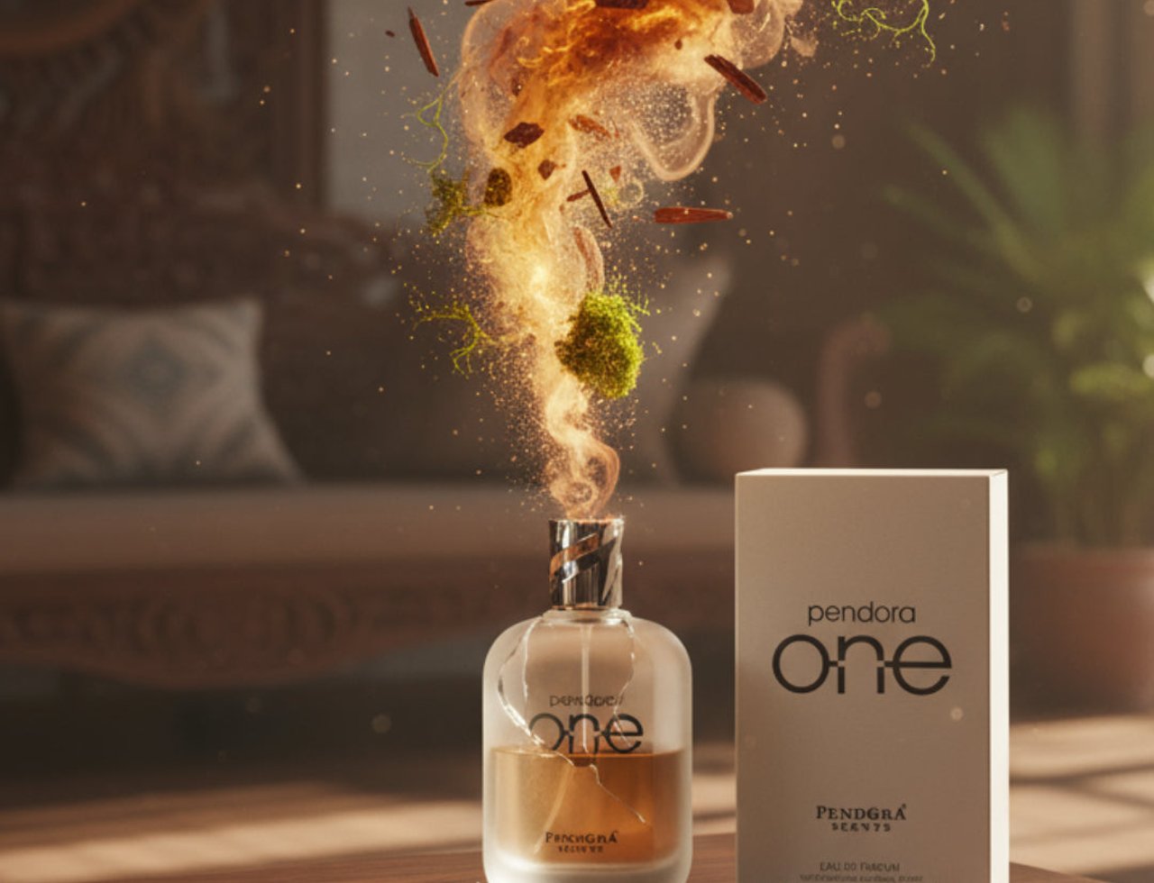 Pendora One Pendora Scents For Him – 100 ml for Men botol minyak wangi bersama kotak, dengan asap berapi dan elemen botani meletus dari botol.