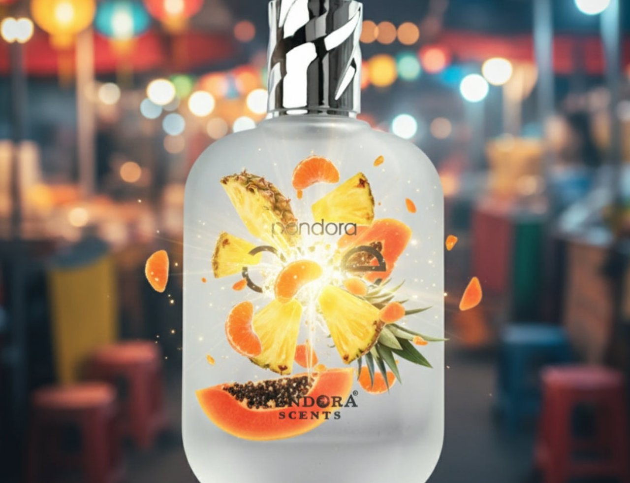 Pendora One Pendora Scents For Him – 100 ml for Men, a frosted glass bottle with a zebra-patterned cap, surrounded by floating fruit slices of pineapple, orange, and papaya, with a blurred night market background.