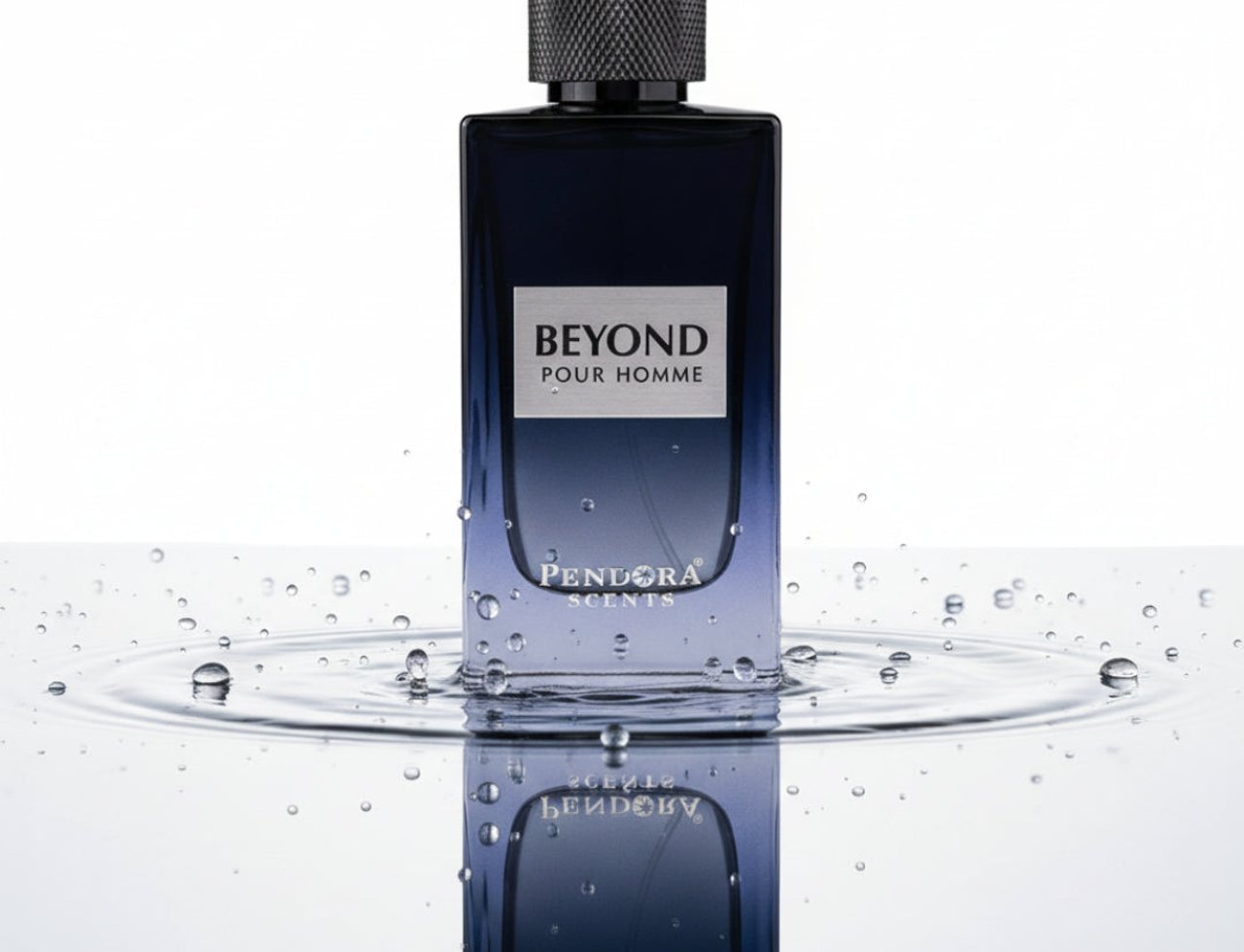 Paris Corner Beyond Pour Homme by Paris Corner 100ml EDP for Men — Botol minyak wangi kaca biru gelap berbentuk segi empat dengan penutup hitam bertekstur, berdiri di dalam air dengan riak dan titisan.