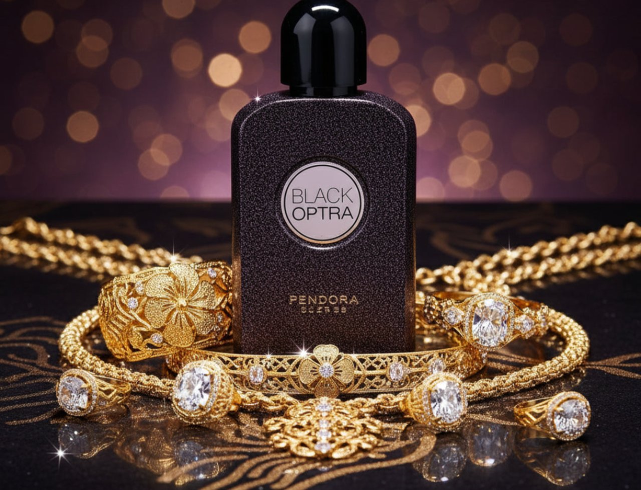 Paris Corner Black Optra by Paris Corner Pendora Scents – 100 ml Wanita, botol minyak wangi hitam berkilauan dikelilingi barang kemas emas berhias dan berlian, dengan latar belakang bokeh.