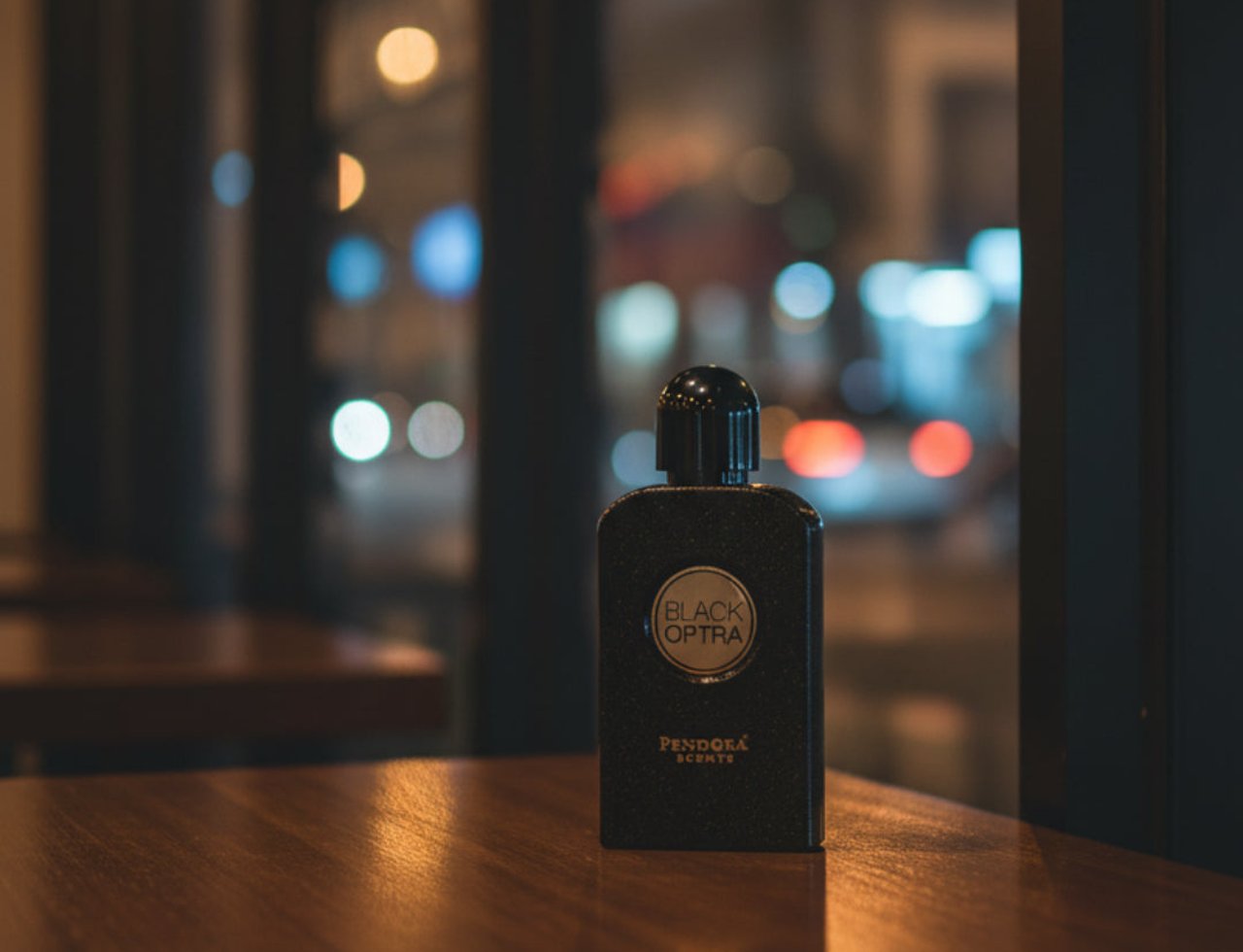 Paris Corner Black Optra by Paris Corner Pendora Scents – Black textured bottle with gold circular label, placed on a wooden table with blurred city lights in the background.