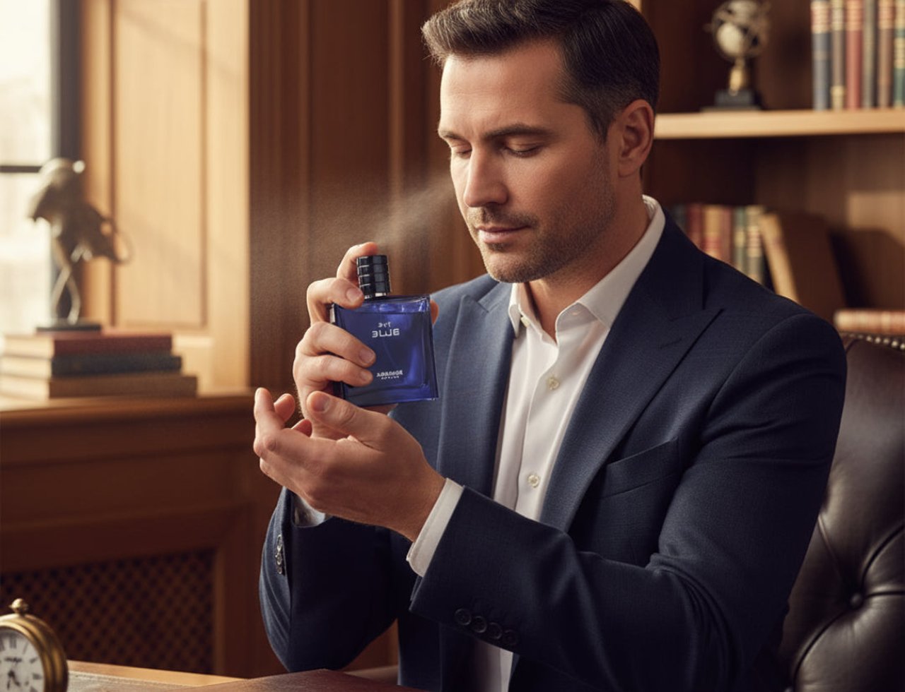 Paris Corner The Blue by Paris Corner 100ml EDP Men — Man spraying blue perfume bottle in a study room with bookshelves and a desk.