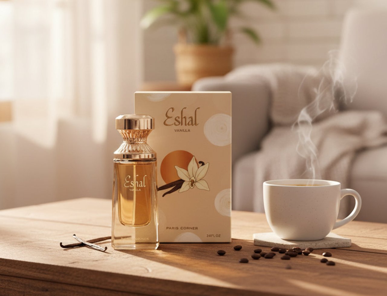 Paris Corner Eshal Vanilla by Paris Corner EDP 100ml — Botol minyak wangi kaca beraksen emas dan kotak bergambar vanila, diletakkan di atas meja kayu bersama biji kopi dan secawan kopi berasap.