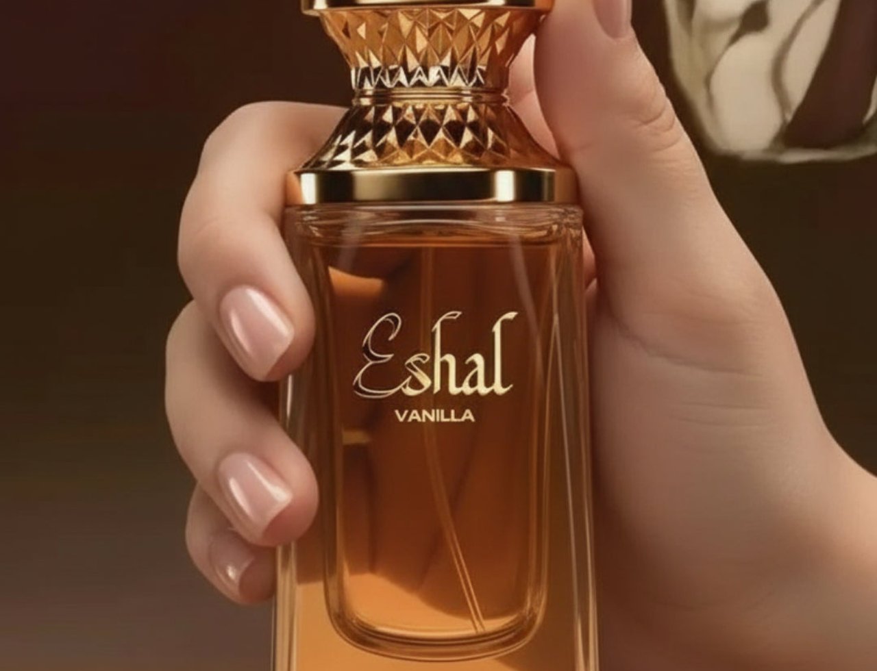 Paris Corner Eshal Vanilla by Paris Corner EDP 100ml — A hand holds a clear glass perfume bottle with golden liquid and a textured gold cap. The label reads 'Eshal Vanilla'.