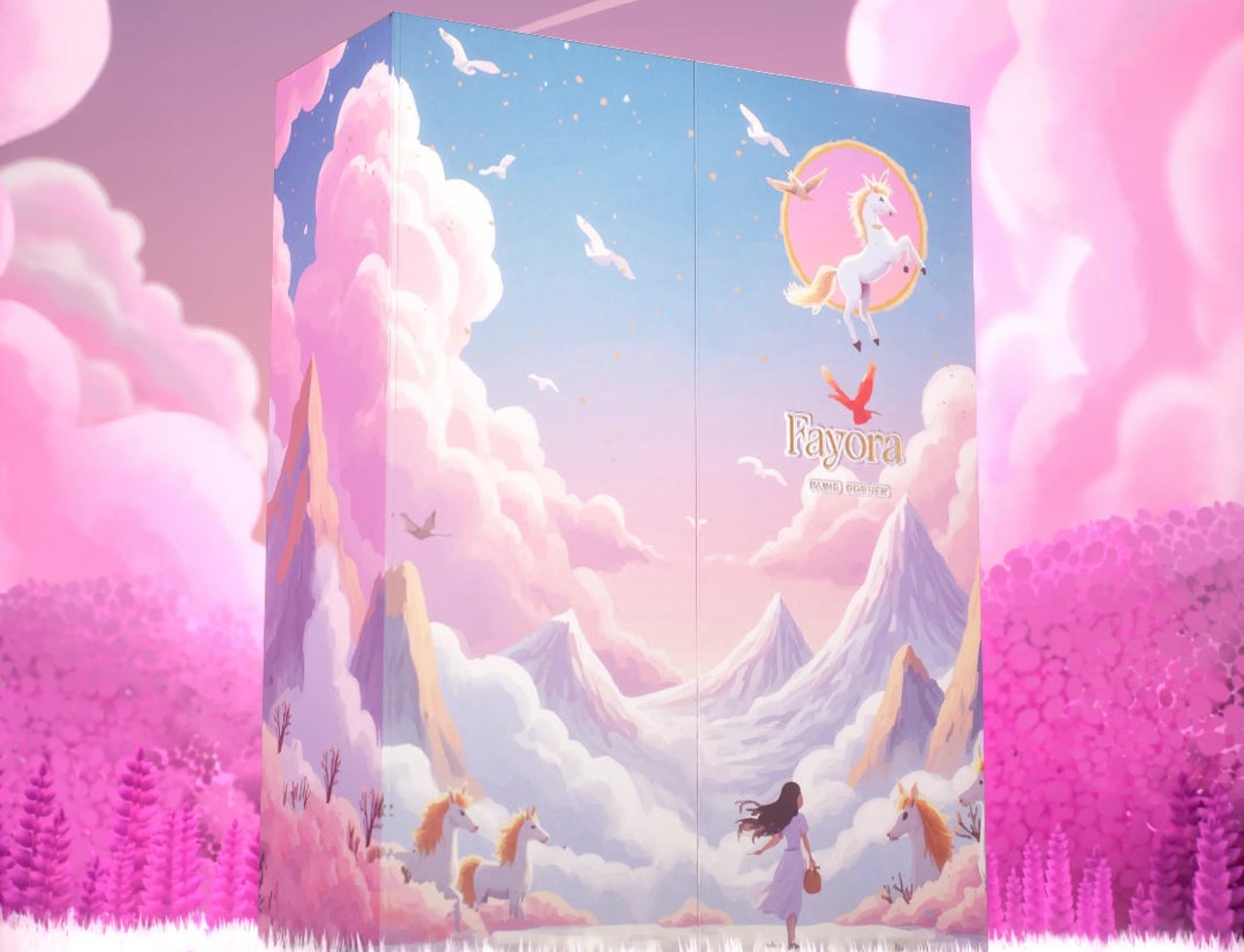 Paris Corner Fayora Paris Corner EDP 100ml Women — Seni kotak whimsical menampilkan unicorn melompat di langit merah jambu dengan awan dan gunung, seorang gadis memandang unicorn dalam landskap ajaib.