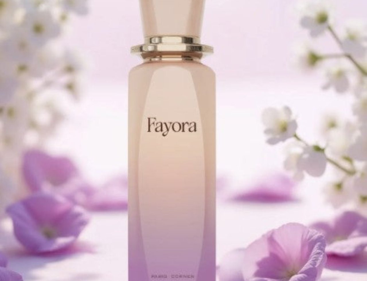 Paris Corner Fayora Paris Corner EDP 100ml Women — A tall, gradient pink and beige perfume bottle with 'Fayora' text, surrounded by delicate white flowers and soft purple petals.