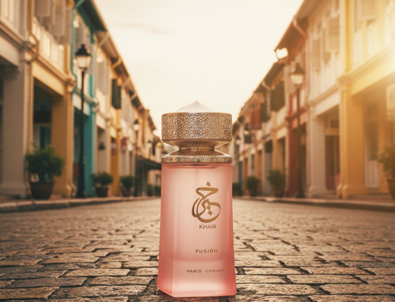Paris Corner Khair Fusion — Botol minyak wangi merah jambu dengan kaligrafi Arab emas dan penutup emas berhias, diletakkan di jalan berbatu dengan bangunan berwarna-warni di latar belakang.