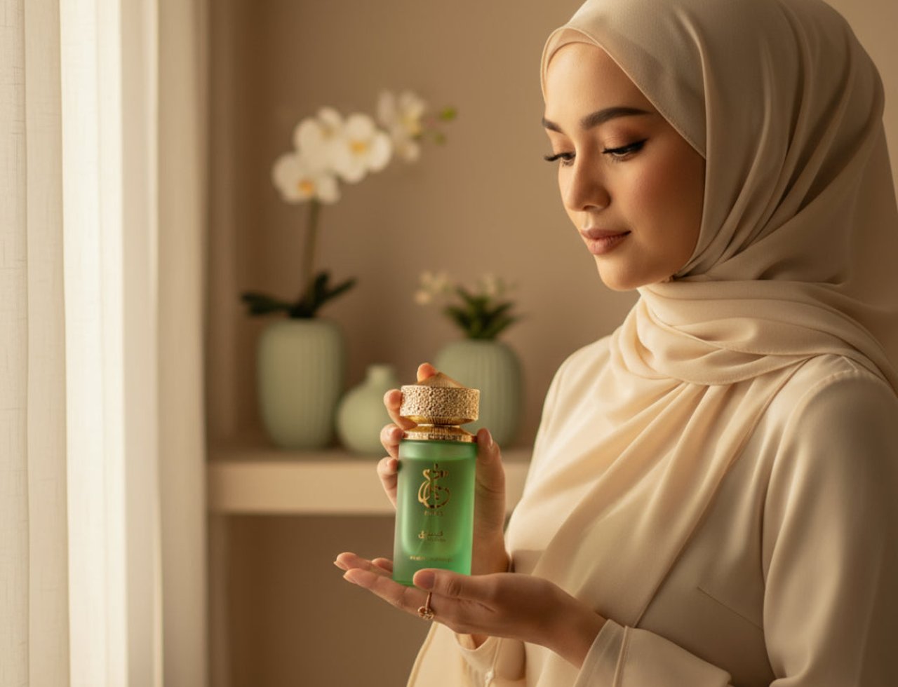 Paris Corner Khair Pistachio by Paris Corner 100ml EDP — Wanita bertudung krim pegang botol minyak wangi hijau bertutup emas, ada orkid di belakang.