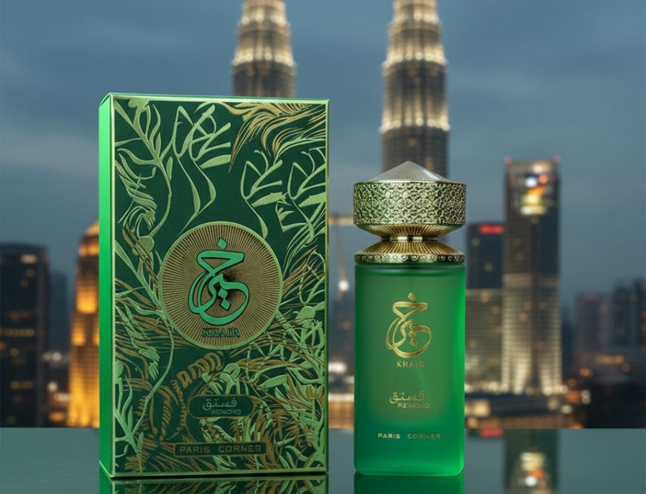 Paris Corner Khair Pistachio by Paris Corner 100ml EDP — Green bottle and box with gold Arabic calligraphy, set against a blurred city skyline with illuminated skyscrapers.