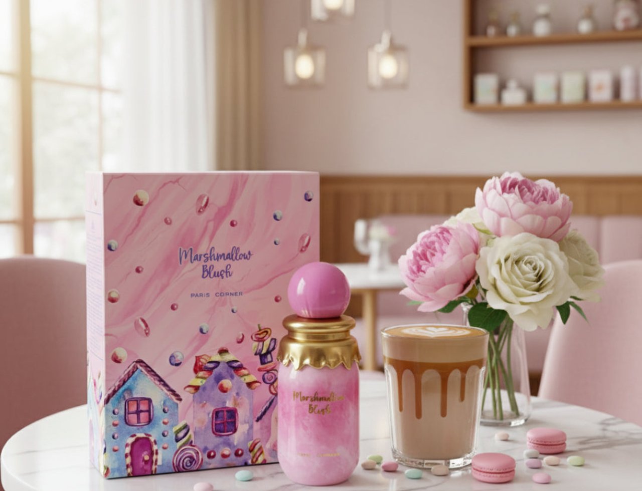 Paris Corner Marshmallow Blush by Paris Corner for Her 100ml — Botol minyak wangi merah jambu dengan aksen emas, kotak hadiah sepadan reka bentuk rumah roti halia, kopi latte art, dan bunga peony merah jambu di atas meja marmar.