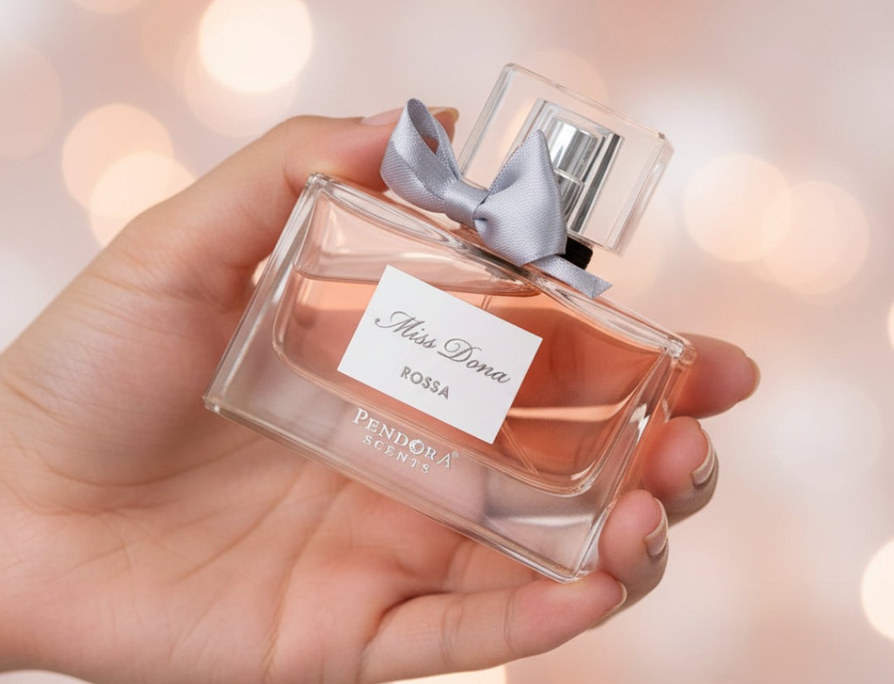 Paris Corner Miss Dona by Paris Corner 100ml Women — A hand holds a clear glass perfume bottle with pink liquid, adorned with a silver bow and a white label reading 'Miss Dona ROSSA PENDORA SCENTS'. Soft bokeh lights in the background.