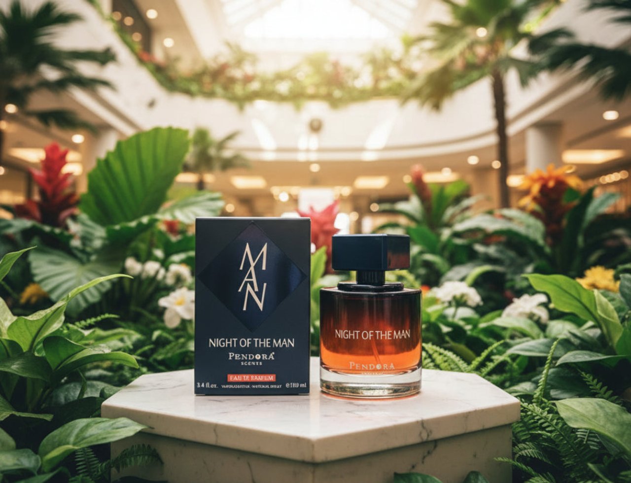Paris Corner Night of the Man by Pendora Scents Paris 100ml — Botol minyak wangi kaca gelap dan kotak dipamerkan di atas alas marmar dikelilingi tumbuhan hijau subur dan dedaunan tropika, dengan latar belakang atrium terang disinari matahari.