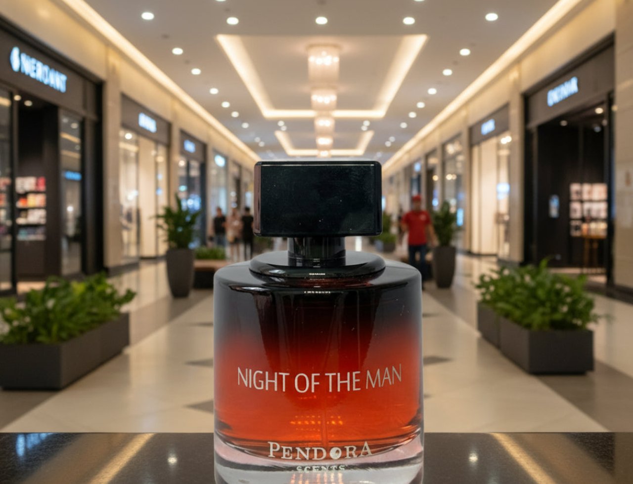 Paris Corner Night of the Man by Pendora Scents Paris 100ml — A gradient red and black glass perfume bottle with a black cap, set on a dark reflective surface in a brightly lit shopping mall corridor.