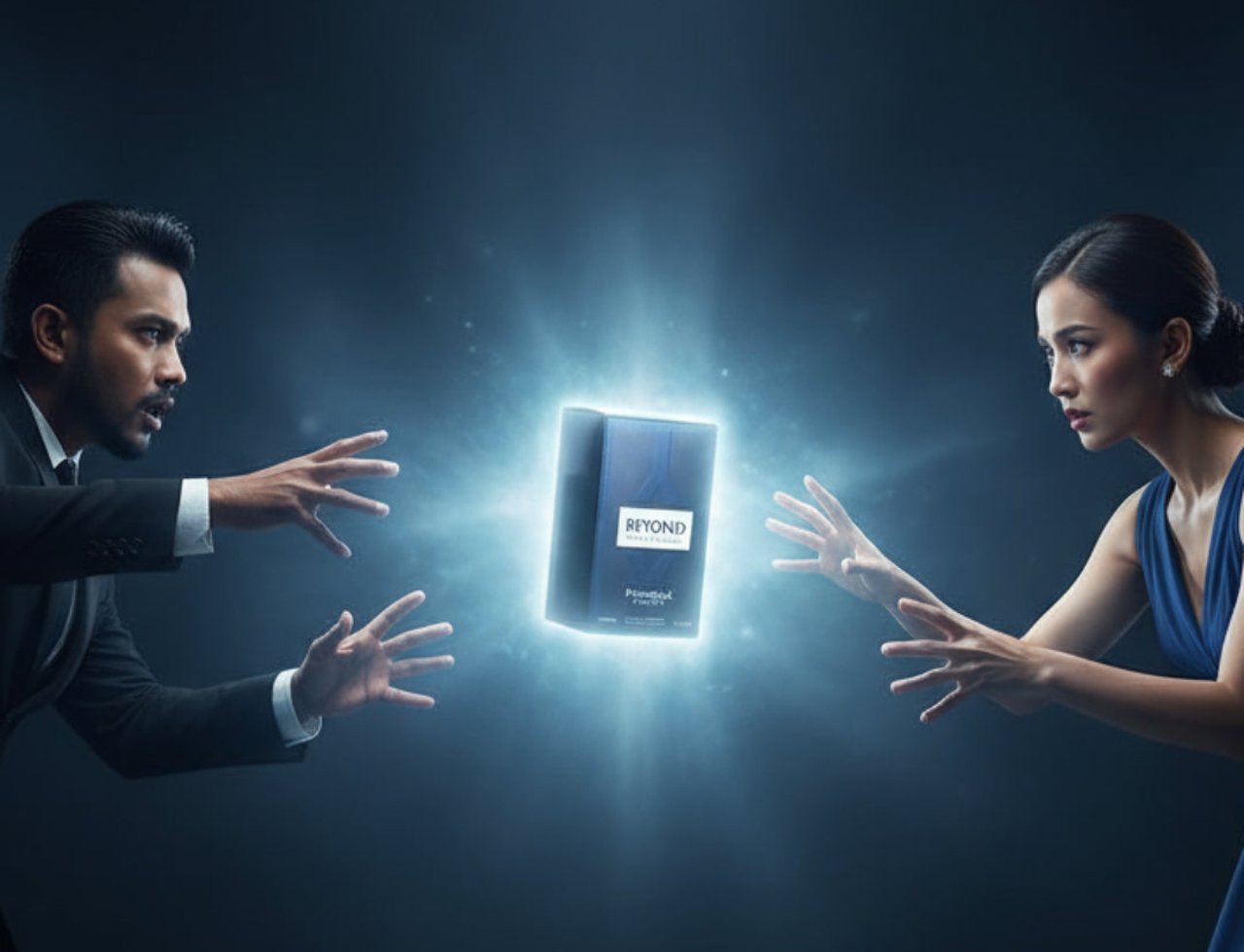 Paris Corner Beyond Pour Homme by Paris Corner 100ml EDP for Men — A man in a suit and a woman in a blue dress reach out towards a glowing blue box with the word "BEYOND" on it.