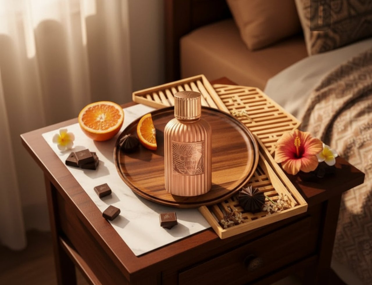 Paris Corner Qissa Delicious by Paris Corner – 100 ml for Women, rose gold bottle on a wooden tray with orange slices, chocolates, and flowers on a bedside table.