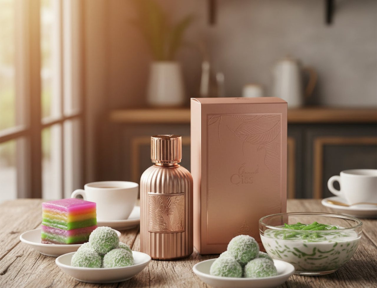 Paris Corner Qissa Delicious by Paris Corner – 100 ml for Women, menampilkan botol dan kotak minyak wangi rose gold, bersama kek lapis, pencuci mulut hijau, dan cawan kopi di atas meja kayu.
