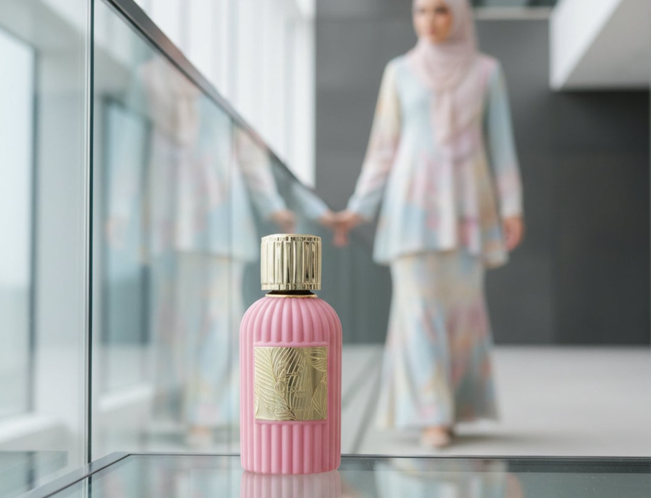 Paris Corner Qissa Pink 100ml untuk Wanita — Botol minyak wangi merah jambu berjalur dengan penutup emas dan label timbul, terpantul di permukaan kaca, dengan wanita blur berbaju pastel di latar belakang.
