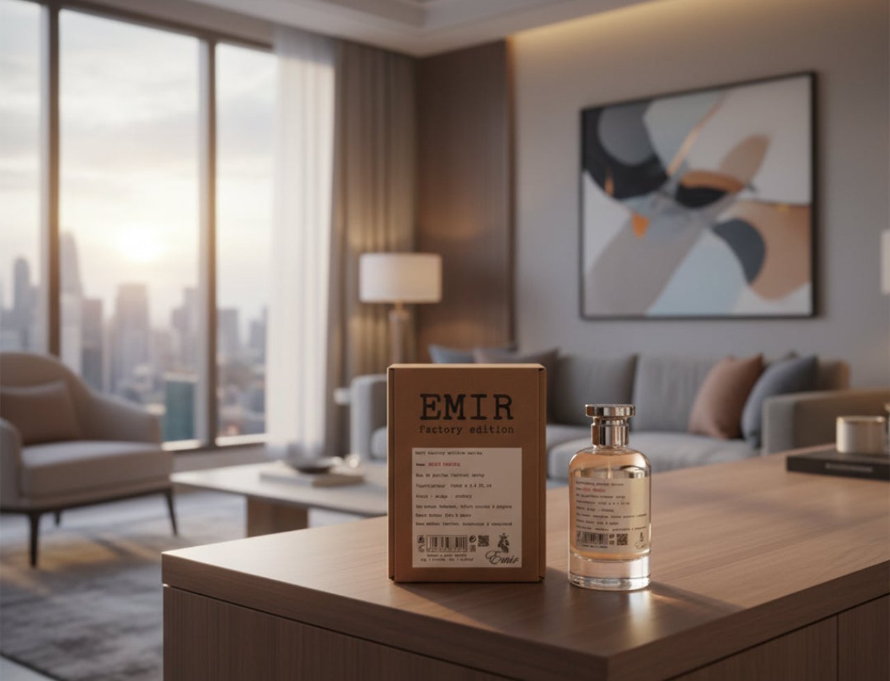 Paris Corner Rich Santal Emir by Paris Corner 100 ml — Cardboard box and glass bottle of fragrance displayed on a wooden surface in a modern living room with a city view.
