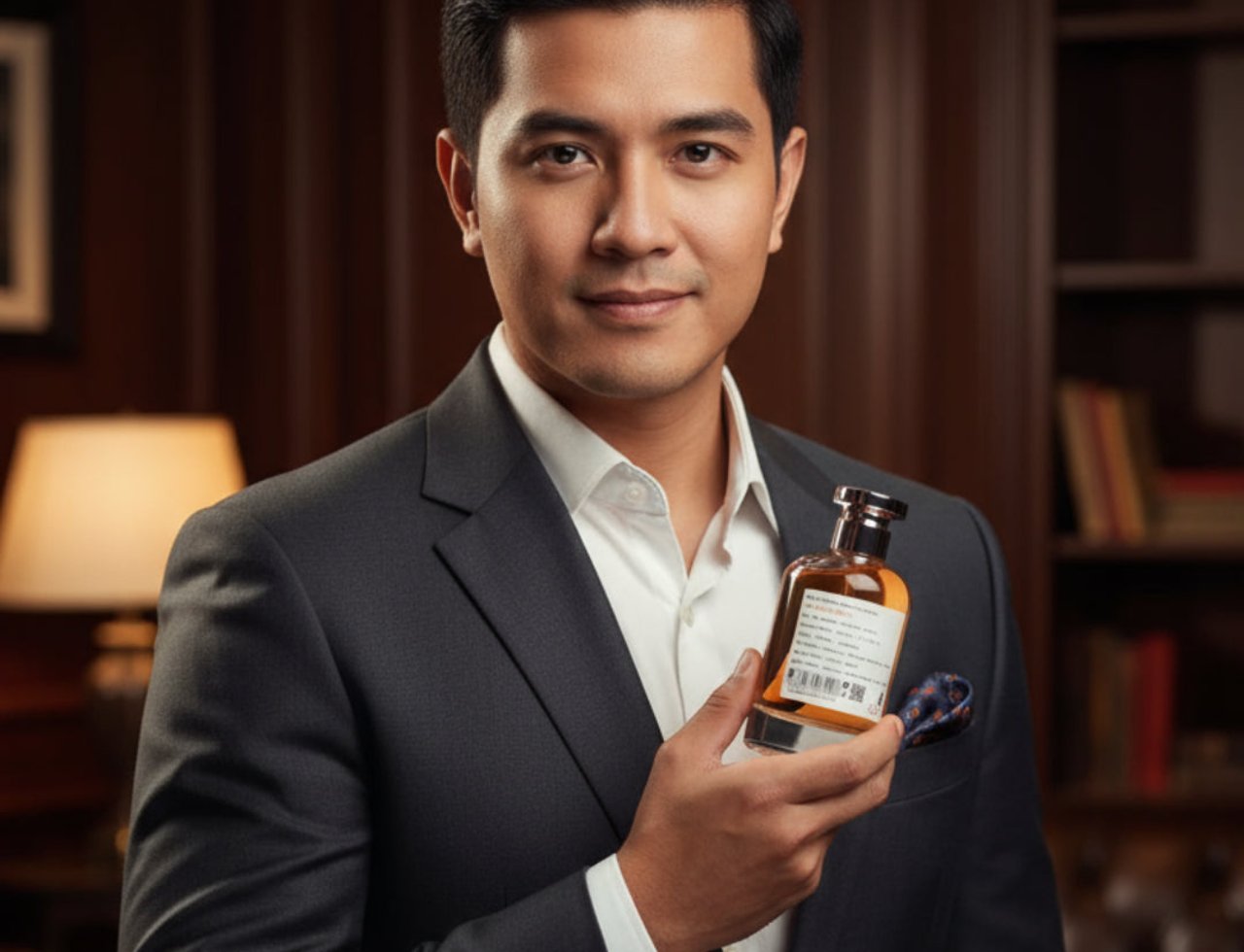 Paris Corner Rich Santal Emir by Paris Corner 100 ml — Lelaki berbaju sut memegang botol minyak wangi, dengan rak buku dan lampu di latar belakang.