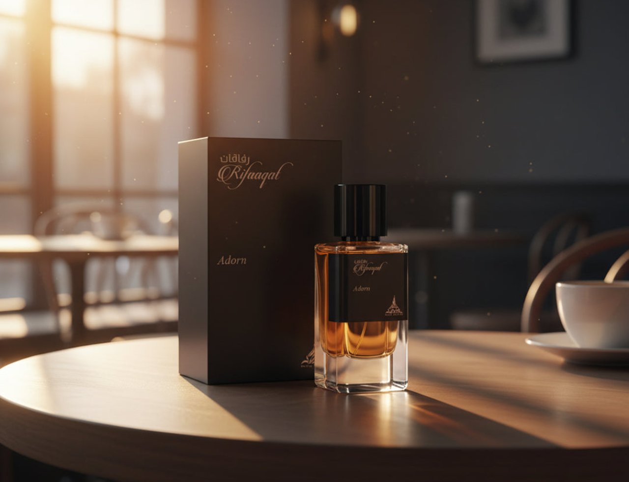 Paris Corner Rifaaqat Adorn by Paris Corner 85ml EDP — Kotak coklat gelap dan botol minyak wangi kaca jernih berisi cecair amber bertudung hitam diletakkan di atas meja kayu, dengan cahaya matahari lembut menembusi tingkap di latar belakang.