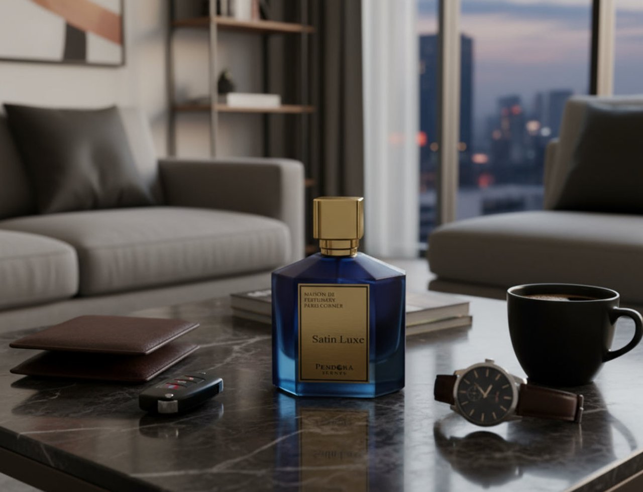 Paris Corner Satin Luxe by Paris Corner Pendora Scents 100 ml — Blue faceted perfume bottle with gold cap on a marble table, next to a wallet, car keys, a watch, and a cup of coffee, with a living room and city view in the background.